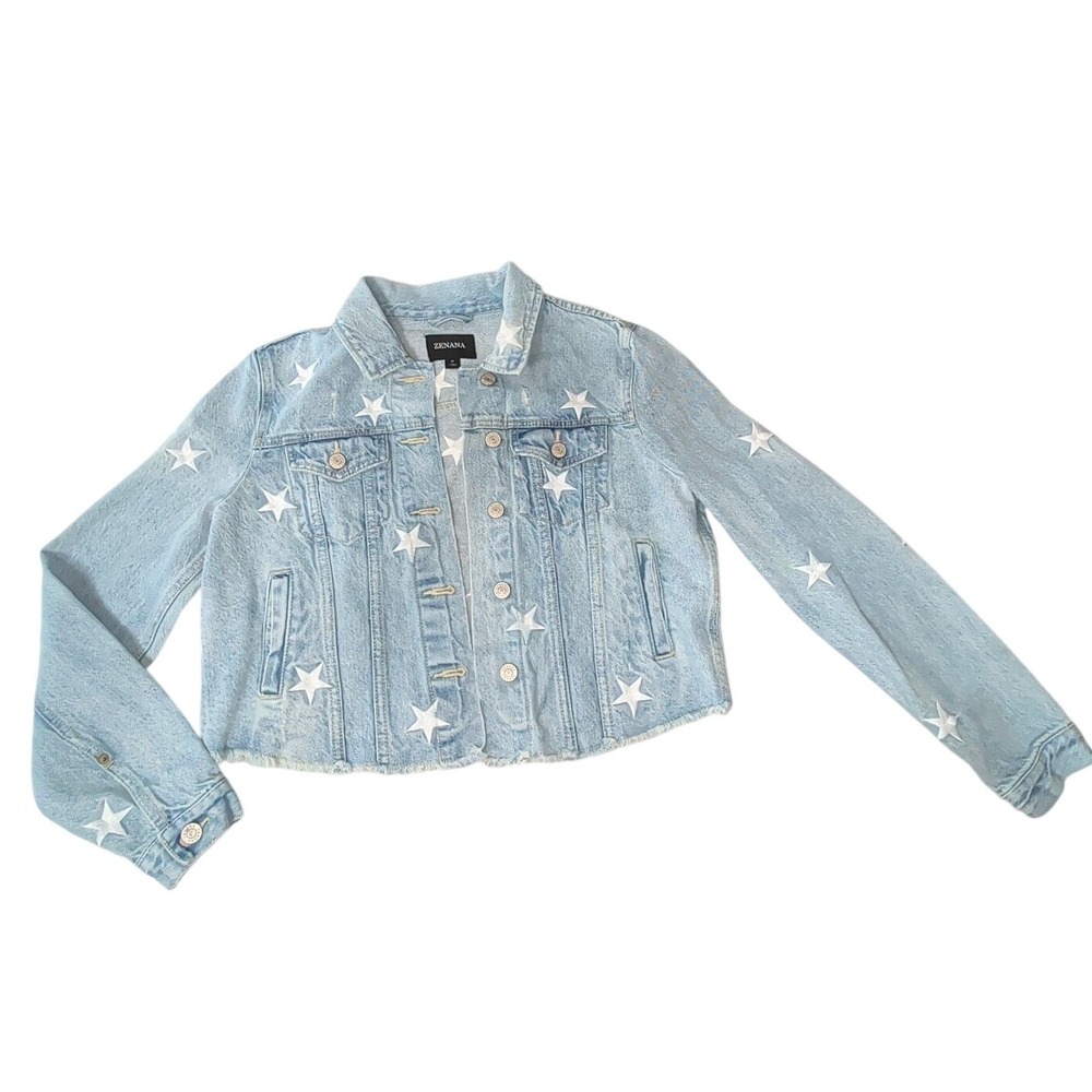 Zenana M Cropped Star Embroidered Denim Jacket Light Wash Raw Hem Western Y2K - Picture 2 of 14